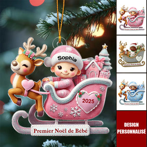 Premier Noël de Bébé – Décoration Personnalisée en Acrylique avec Traîneau et Renne