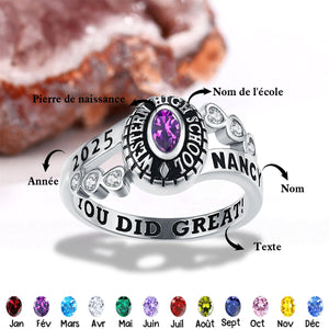 Bague de remise de diplôme personnalisée avec pierre de naissance – Gravure nom, année et texte