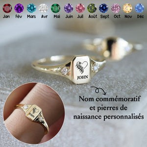 En mémoire de l’être aimé – Bague personnalisée avec nom et pierre de naissance en forme d’ailes