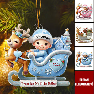 Premier Noël de Bébé – Décoration Personnalisée en Acrylique avec Traîneau et Renne