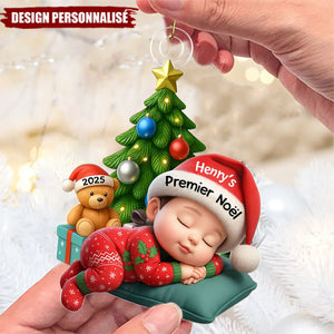 Décoration de Noël Personnalisée en Acrylique – Bébé Dormant en Pyjama Festif