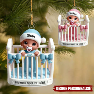 Suspension de Noël Personnalisée – Premier Noël de Bébé en Berceau avec Prénom et Année