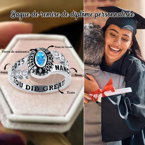 Bague de remise de diplôme personnalisée avec pierre de naissance – Gravure nom, année et texte