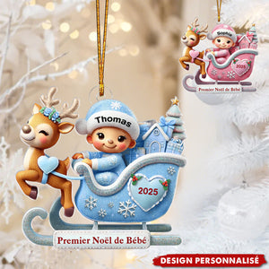 Premier Noël de Bébé – Décoration Personnalisée en Acrylique avec Traîneau et Renne