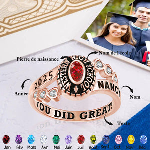 Bague de remise de diplôme personnalisée avec pierre de naissance – Gravure nom, année et texte