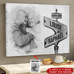 Toile Version Panneau De Rue Vintage Avec Photo - Tableau Personnalisé Pour Couple