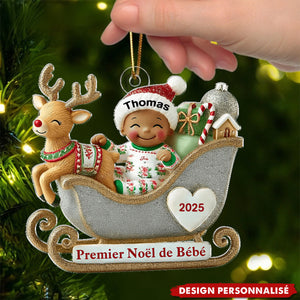 Premier Noël de Bébé – Décoration Personnalisée en Acrylique avec Traîneau et Renne