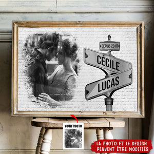 Toile Version Panneau De Rue Vintage Avec Photo - Tableau Personnalisé Pour Couple