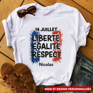 T-shirt 14 Juillet Personnalisé – Liberté, Égalité, Respect + Prénom