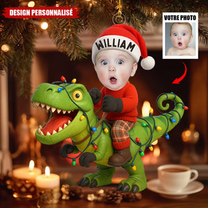 Ornement Photo Personnalisée Bébé sur Dinosaure – Décoration de Noël Unique