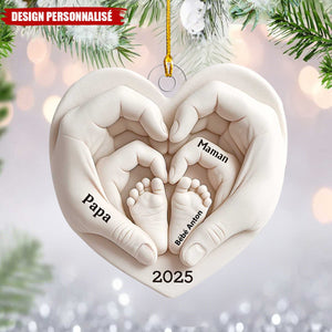 Ornement Cœur Personnalisé avec Empreintes de Pieds de Bébé – Cadeau Souvenir pour Nouveaux Parents
