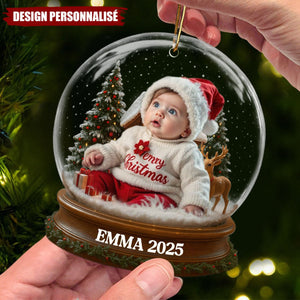 Ornement Acrylique Personnalisé - Premier Noël de Bébé avec Costume du Père Noël et Renne