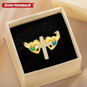 Bague Croix Personnalisée avec Pierre de Naissance – Bijou Chrétien Élégant pour Femmes