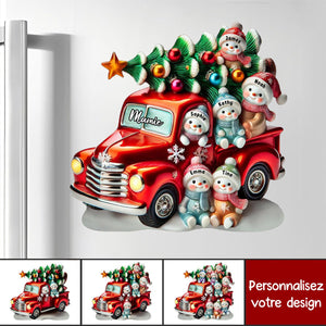Aimant de Réfrigérateur de Noël Personnalisé – Camion Rouge avec Bonhommes de Neige et Prénoms