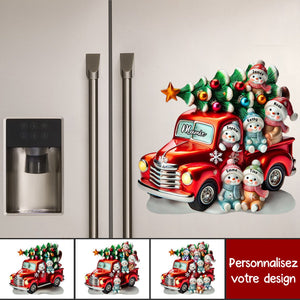 Aimant de Réfrigérateur de Noël Personnalisé – Camion Rouge avec Bonhommes de Neige et Prénoms