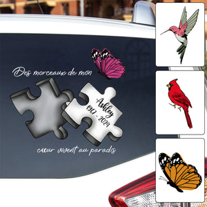 Autocollant Commémoratif Personnalisé pour Voiture – Pièce de Puzzle avec Nom, Dates et Papillon