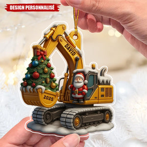 Décoration de Noël en Acrylique Personnalisée - Pelleteuse avec Sapin et Père Noël