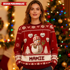 Pull de Noël Personnalisé Bonhomme de Neige – Cadeau Unique pour Papy et Mamie