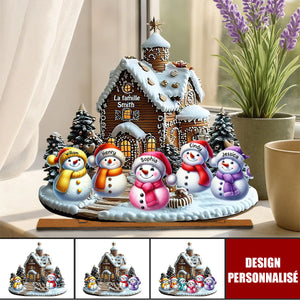 Plaque en Bois de Noël Personnalisée-Famille Bonhommes de Neige Devant une Maison