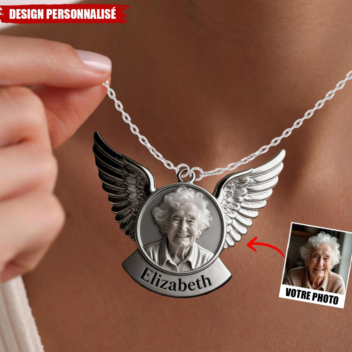 Collier Ange Personnalisé avec Photo – Pendentif Souvenir en Mémoire d’un Être Cher