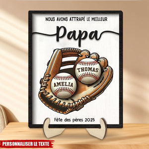Tableau personnalisé Fête des Pères – "Nous avons attrapé le meilleur Papa" avec prénoms sur balles de baseball