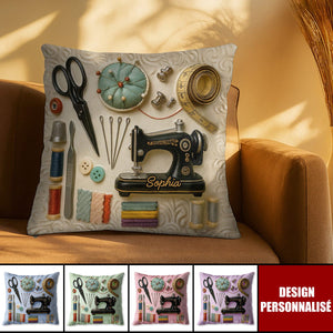 Coussin Personnalisé à Motif de Machine à Coudre et Outils — Cadeau Pour Les Passionnés de Bricolage