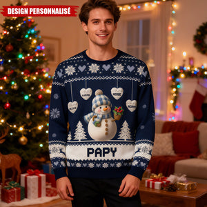 Pull de Noël Personnalisé Bonhomme de Neige – Cadeau Unique pour Papy et Mamie