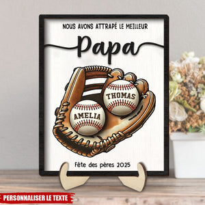 Tableau personnalisé Fête des Pères – "Nous avons attrapé le meilleur Papa" avec prénoms sur balles de baseball