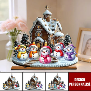 Plaque en Bois de Noël Personnalisée-Famille Bonhommes de Neige Devant une Maison