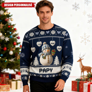 Pull de Noël Personnalisé Bonhomme de Neige – Cadeau Unique pour Papy et Mamie