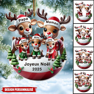 Décoration de Noël Personnalisée en Acrylique – Famille de Rennes avec Prénoms et Message de Noël