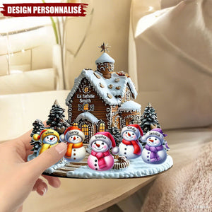 Plaque en Bois de Noël Personnalisée-Famille Bonhommes de Neige Devant une Maison
