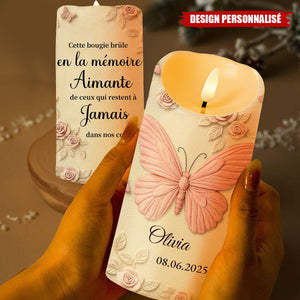 Bougie LED Personnalisée aux Papillons et Roses - Cadeau en Mémoire