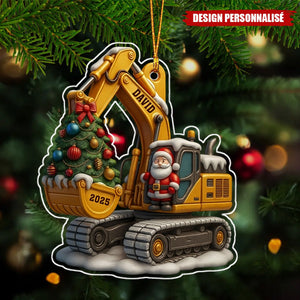 Décoration de Noël en Acrylique Personnalisée - Pelleteuse avec Sapin et Père Noël