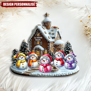 Plaque en Bois de Noël Personnalisée-Famille Bonhommes de Neige Devant une Maison