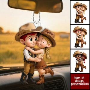 Ornement de Rétroviseur Personnalisé – Couple Campagnard Cowboy & Cowgirl Style Dessin Animé pour Voiture