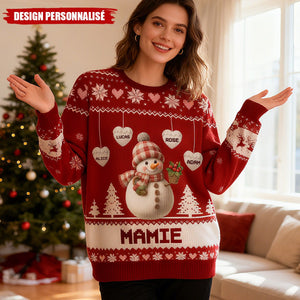 Pull de Noël Personnalisé Bonhomme de Neige – Cadeau Unique pour Papy et Mamie