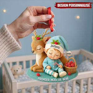 Suspension de Noël en Acrylique Personnalisée – Premier Noël de Bébé avec Petit Renne