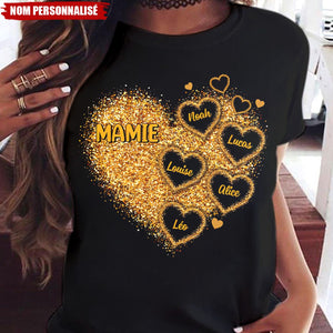 T-shirt Personnalisé Mamie – Cœur Scintillant avec Prénoms des Petits-Enfants