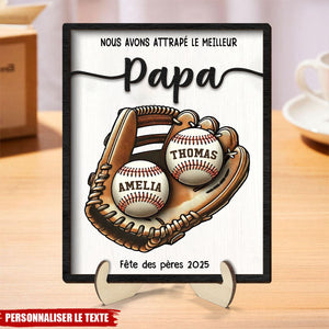 Tableau personnalisé Fête des Pères – "Nous avons attrapé le meilleur Papa" avec prénoms sur balles de baseball
