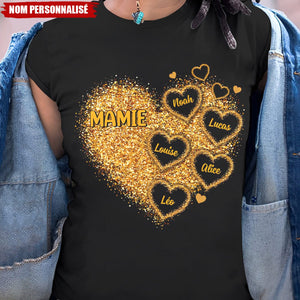T-shirt Personnalisé Mamie – Cœur Scintillant avec Prénoms des Petits-Enfants