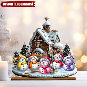 Plaque en Bois de Noël Personnalisée-Famille Bonhommes de Neige Devant une Maison