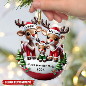 Décoration de Noël Personnalisée en Acrylique – Famille de Rennes avec Prénoms et Message de Noël