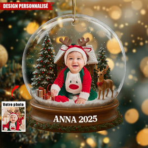 Ornement Acrylique Personnalisé - Premier Noël de Bébé avec Costume du Père Noël et Renne