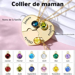 Collier Cœur Puzzle avec Pierres de Naissance et Noms Personnalisés – Cadeau pour la Fête des Mères