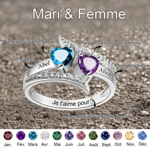 Bague personnalisée avec pierres de naissance pour Mari et Femme – Gravure personnalisée avec texte d'amour