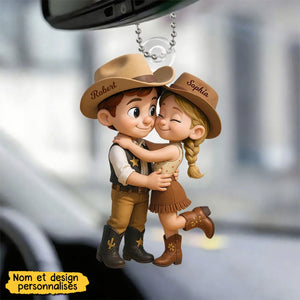 Ornement de Rétroviseur Personnalisé – Couple Campagnard Cowboy & Cowgirl Style Dessin Animé pour Voiture
