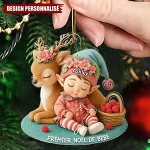 Suspension de Noël en Acrylique Personnalisée – Premier Noël de Bébé avec Petit Renne
