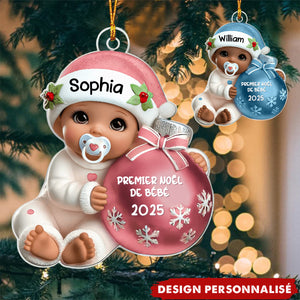 Suspension Acrylique Personnalisée 3D – Bébé à côté d'une boule de Noël