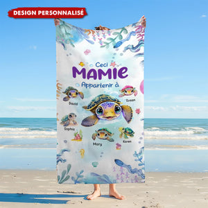 Serviette de Plage Personnalisée Mamie et Petites Tortues